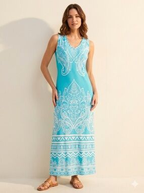Shoreline Blue White Paisley Sleeveless V-Neck Maxi Dress Size L/XL